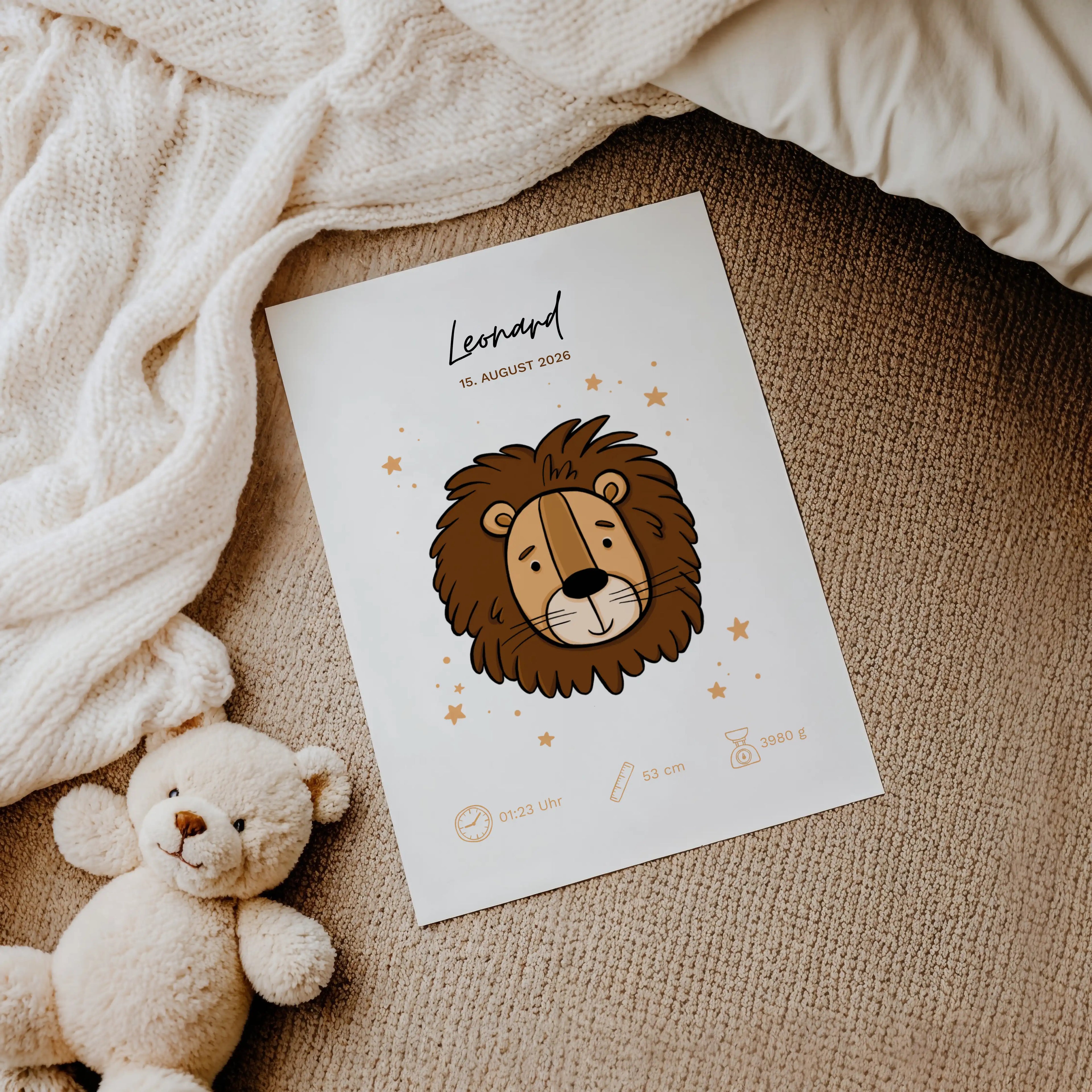 Personalisiertes Geburtsposter mit süßem Löwenmotiv, individuell mit Name, Geburtsdatum, Uhrzeit, Größe und Gewicht – liebevolle Wanddeko fürs Babyzimmer und besonderes Geschenk zur Geburt