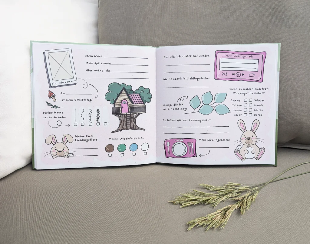 Freundebuch Waldtiere Printstorys Innenteil Hase rosa, Fragen für Kinder, Freundschaft